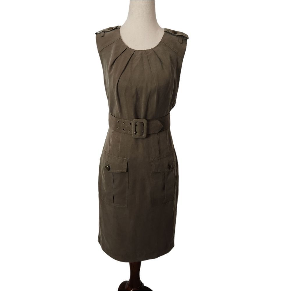 TRINA Turk Olive Green Military Sleeveless Belted Dress 2